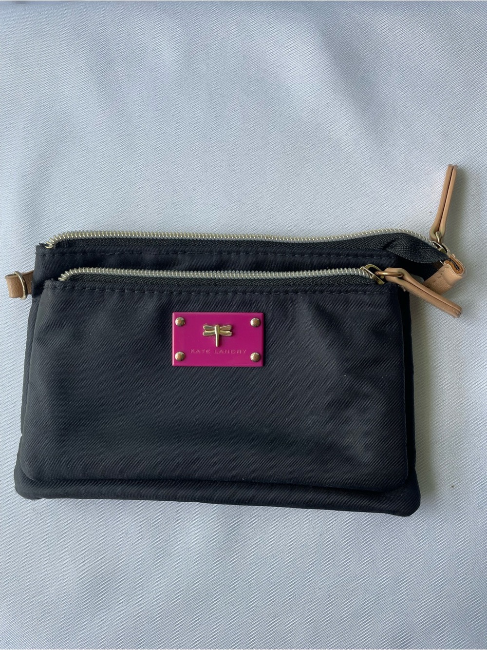 Kate Landry Black Nylon Zip Pouch with Pink Logo Plate